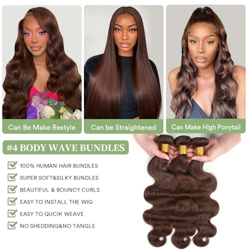 Brown Human Hair Bundles Body Wave 24 26 28 inch 100% Unprocessed Brazilian Virgin Hair Extensions 12A Quick Weave Bundles Human Hair Double Weft #4 Chocolate Brown