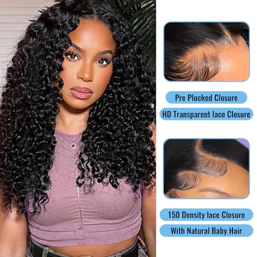 Burmese Curly 13x6 HD Lace Closure Pre Plucked Curly Closure HD Lace with Baby Hair HD Lace Closure Human Hair Free Part Natural Color Black 20 Inch