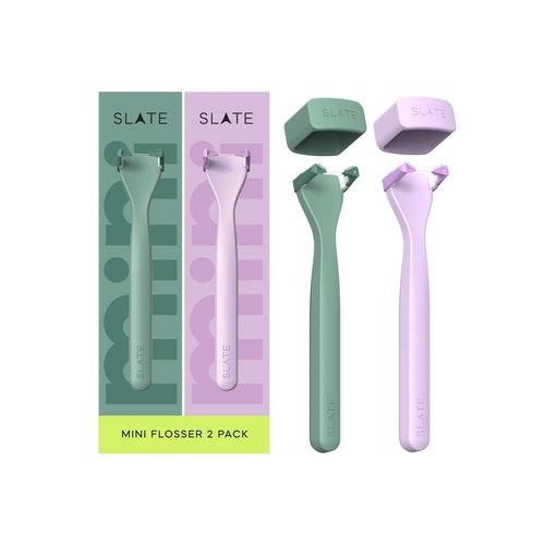 Slate Mini Flosser - Reusable Floss Pick with Gum Brush & Tongue Scraper, Dentist-Invented, PFAS/PTFE-Free, Travel-Ready 2-Pack - Lilac/Mint