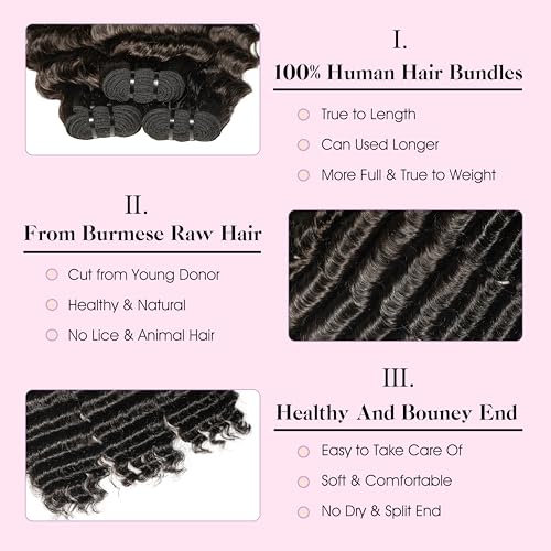 Deep Wave Human Hair Bundles 14 16 18 Inch 15A Burmese Curly Bundles Human Hair,Sew In Quick Weave Deep Wave Bundles 100% Real Human Hair Extensions Tangle Free Shedding Free Triple Lifespan