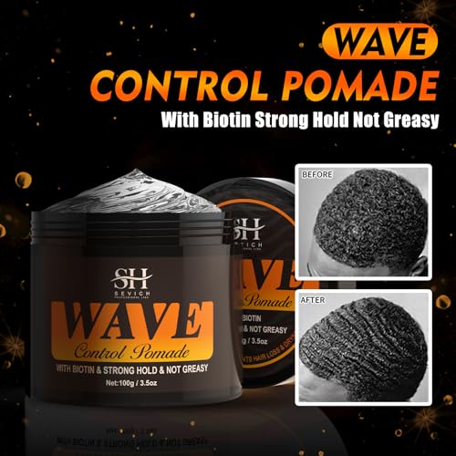 SEVICH 360¡Æ Wave Control Pomade for Men - Strong Hold Hair Styling Gel with Biotin, Water-Based Formula - Natural Wave Grease for Coarse, Medium & Straight Hair (100g/3.5oz)