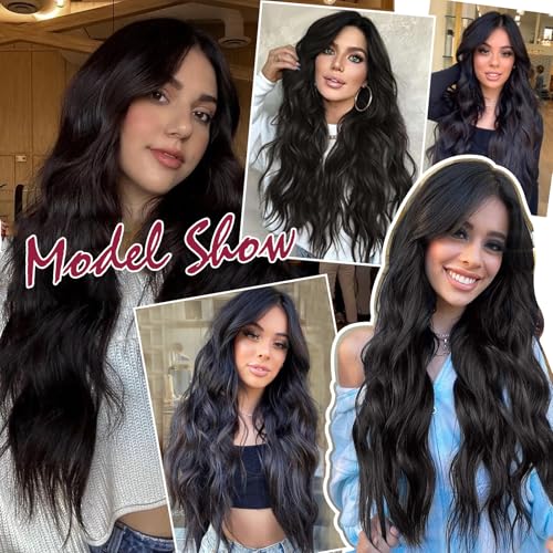 LEOSA Black Wig for Women,Long Wavy Layered Wig with Curtain Bangs 26 Inch Middle Part Curly Wavy Synthetic Wig for Daily Party Use,Natural Black