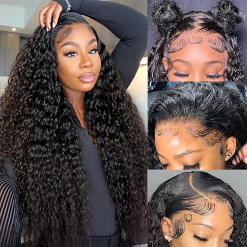 13x4 Lace Frontal Wigs Human Hair with Baby Hair for Black Women 220% Density HD Transparent Lace Front Wigs Pre Plucked Water Wave Wet and Wavy Lace Front Wig 24 inch