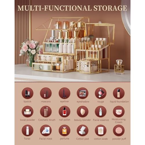 Clear Makeup Organizer with Gold Frame ? Countertop Vanity Organizer for Skincare, Lipsticks, Perfume & Brushes ? Bathroom Cosmetic Storage Display Box