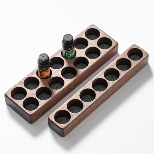 AXUYU Wooden 7/14 Slots Essential Oil Organizer, Nail Polish Shelf, Durable wood Makeup Display Stand, Makeup Storage Rack for Tabletop Essential Oils Perfume Rack for 10-20ml Bottles (7 Slots)