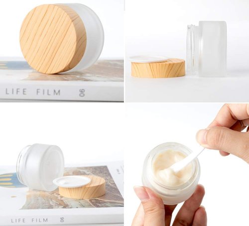 Healthcom 8 Pack 50 Gram/50 ml Round Empty Jars Frosted Glass Bottle Cosmetic Cream Jar Wood Grain Lid Cosmetic Container Glass Cream Box Refillable Lotion Cream Pot Jars for Makeup Lip Balm Eyeshadow