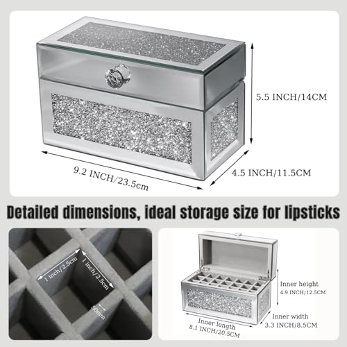 21-Slot Mirrored Lipstick Organizer, Rollerball Perfume Glass Storage box with Lid,Lip Gloss Storage for Vanity, Crushed Diamond Home Decor, 9.2''x 4.5'' x 5.15''