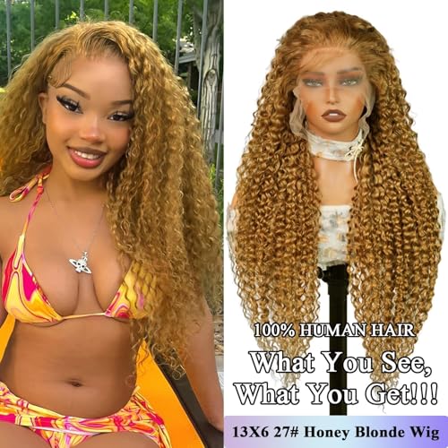 Honey Blonde Wig Human Hair 27#Color Deep Wave Lace Front Wig Human Hair Pre-Plucked Curly Blonde 13x6 HD Lace Front Wig 180% Density For Women(starxiu)