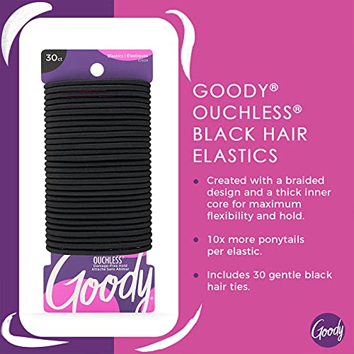 Goody Ouchless Hair Elastics ? No Pull, No Breakage, Tangle-Free Hold for Thick, Curly, Coily & Textured Hair ? 30 Count, Black, Long-Lasting Ponytail Holders for Women & Men