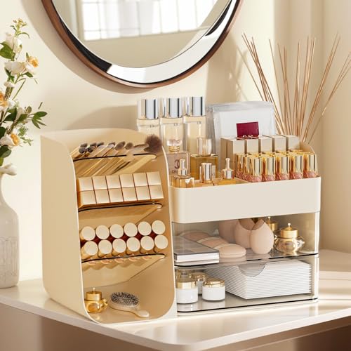 Makeup Organizer with 2 M Drawers & Brush Holders - Cosmetic Storage Case for Vanity, Bathroom Countertop & Desk - Skincare & Office Supplies Organizer (Cream, M)