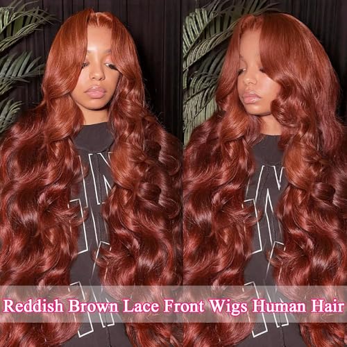 28 Inch Reddish Brown Body Wave Lace Front Wigs - Human Hair, 180% Density, Pre-Plucked with Baby Hair, Glueless Frontal Wigs - Auburn Copper Red Colored Wigs for Women