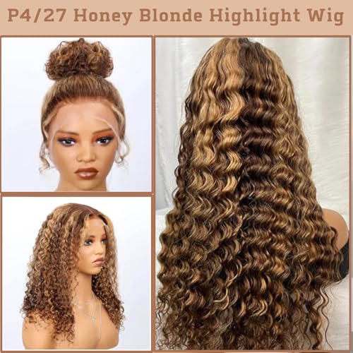 Honey Blonde 360 Lace Front Wigs Human Hair Pre Plucked 180% Density, Deep Wave Highlight Curly Brown Full 360 HD Lace Frontal Wigs, 4/27 Colored 12A Soft Shinny Thick Brazilian Hair 18 IN