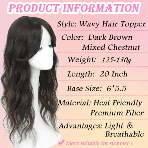 Hair Toppers for Women, 20 Inch Hand Tied Breathable Toppers Hairpieces for Women with Thinning Crown Middle Part Bangs Mix Human Hair Wavy Curly Lightweight Wiglets (Dark Brown Mixed Chestnut)