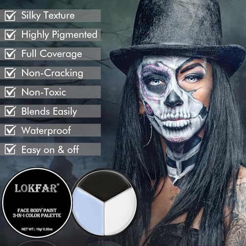 Black White Grey/Gray Face & Body Paint - Blendable Facepaint Foundation with Sponge & Brush for Skin, Professional Halloween Face Make-up Kit for Pale Zombie Skeleton Skull Mime Ghost Goth Costume