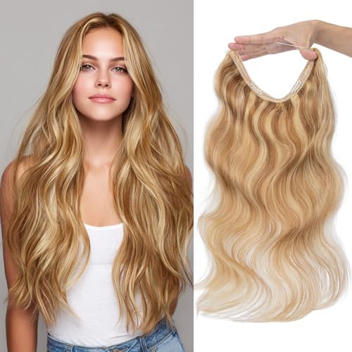 Halo Hair Extensions Real Human Hair Invisible Wire Extensions with Transparent Fish Line Wavy Curly Halo Clip in Human Hairpieces Golden Brown & Bleach Blonde 22 Inch