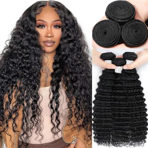 Deep Wave Human Hair Bundles 22 24 26 Inch Deep Wave Bundles 100% Unprocessed Brazilian Virgin Hair 3 Bundles 12A Curly Bundles Hair Extensions Real Human Hair Quick Weave Bundles Natural Color