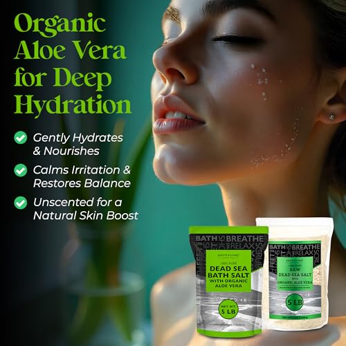 Aromasong Dead Sea Salt with Organic Aloe Vera, Spa Bath Salts, 5 Lbs Fine Bulk resealable Pack, 100% Pure & Natural, Soak for Women & Men for Tired Muscles & Skin Issues (Packaging May Vary)