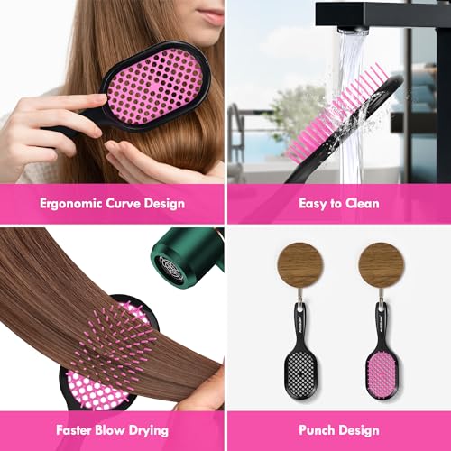 Vented Detangling Hair Brush - 2 Pack Detangler Hairbrush for Effortless Tangle Removal - Ultra-Soft Bristles -For Natural Curly Straight Wet Dry Damaged Hair for Women Men Kids - Black & Pink