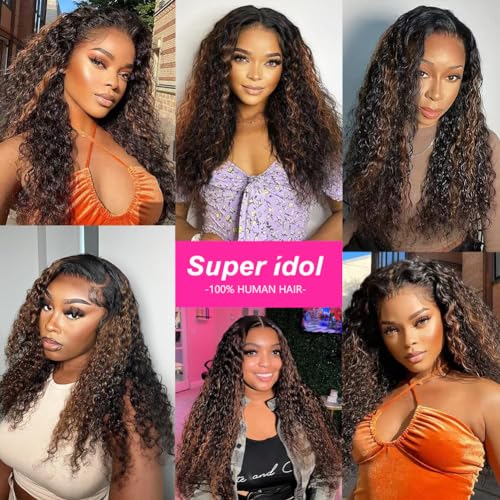 Super idol Omber Highlight Deep Wave Lace Front Wigs Human Hair Brazilian Lace Closure Wigs 4¡¿4 Ombre Human Hair Wig P1B/30 Free Part Human Hair Wig for Black Women (26 Inch, 1B/30 Highlight Wig)