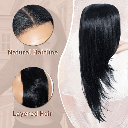 Joedir 28" Long Straight 13x4 Lace Frontal Wigs for Black Women Free Part Lace Front Wigs with Baby Hair Natural Hairline Black Root Easy-360 Synthetic Hair Wig Heat Resistant Fiber (Jet Black)