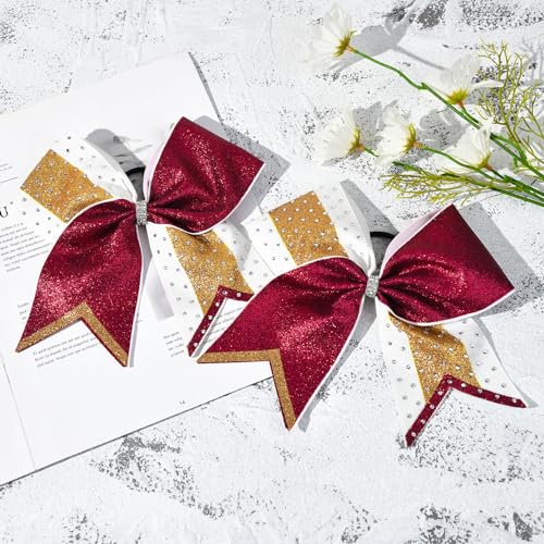 8 PCS Large Glitter Cheer Bows 8" Rhinestones Hair Bows Sparkly Cheerleading Softball Team Bow Hair Ponytail Holder Accessories for cheerleaders football Competition Sports- Maroon Gold