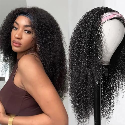 XSY Curly Headband Wig Human Hair Kinky Curly Human Hair Wigs 28 Inch Brazilian Virgin Headband Wig Machine Made None Lace Front Wigs for Black Women 150% Density Natural Color