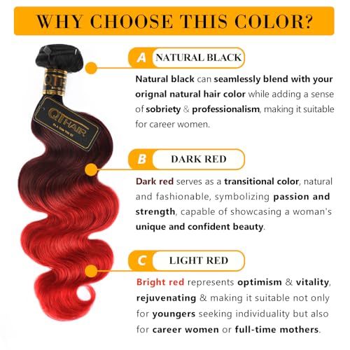 QTHAIR 1B/99J/Red Ombre Body Wave Human Hair Bundles 16A Grade 3 Tone Black Red Human Hair Body Wave Bundles 14 16 18Inch Unprocessed Virgin Hair Bundles Body Wavy Bundles
