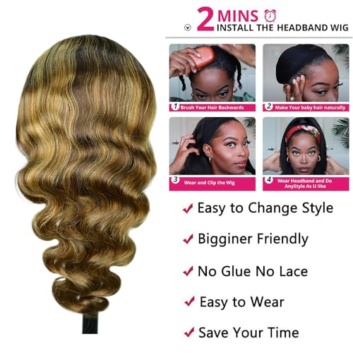 24 inch Headband Wig Human Hair Body Wave Headband Wigs for Black Women human hair Blonde 4/27 Highlight Wear and Go Glueless Wig 100% Brazilian Virgin Human Hair Headband 150% Density