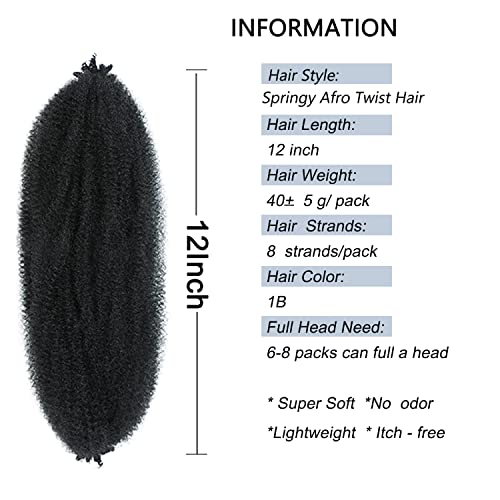 Parceria 8 Packs Afro Twist Hair Pre-Separated Spring Twist Hair 12 Inch Marley Twist Braiding Hair Soft Locs Crochet Hair Synthetic Hair Kinky Twist Hair for Women (12 Inch (Pack of 8), 1B#)
