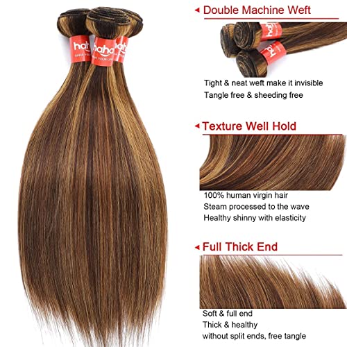 Haha P4/27 Honey Blonde Highlight Human Hair Bundles With Lace Closure 4x4 Brown Blonde Ombre Straight Bundles With Closure Colored Brazilian Raw Human Hair Weave Sew In Extensions 18 20 22+16 Inch