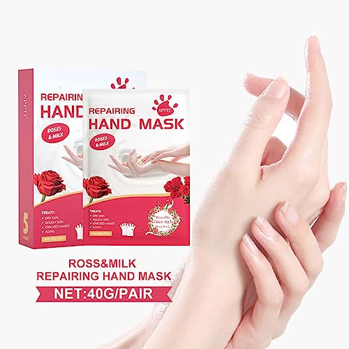 Hand Mask Gloves for Dry Hands, 5 Pairs Hand Repair Mask Gloves Disposable with Milk and Rose Extracts, Deep Exfoliating Gloves for Cracked Hands Repair and Instant Moisturization