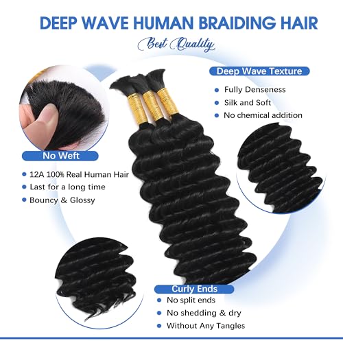 Human Braiding Hair for Boho Braids 14Inch 120g 12A Deep Water Wave Braiding Hair for Curly Boho Hair Braiding Knotless Bulk Bohemian Natural Black
