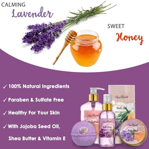 Bath Spa Gift Sets - Luxury Basket With Honey & Lavender - Spa Kit Includes Wash, Bubble Bath, Lotion, Bath Salts, Body Scrub, Body Spray, Shower Puff, Bathbombs, Soap and Towel
