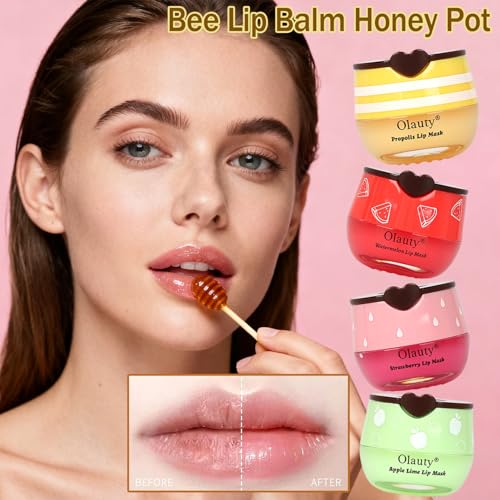 9 PCS Bee Lip Balm Honey Pot, Honey Lip Balm Bulk, Moisturising Sleep Lip Mask Overnight with Sticks, Exfoliating Prevention Dry and Crack Lip Scrubs,Reduce Lip Lines