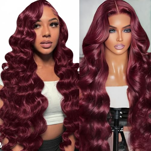 34 Inch 13x6 99j Burgundy Wig Human Hair 200 Density Hd Body Wave Lace Front Glueless Red Wigs Human Hair