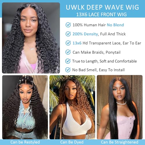 24 Inch 13x6 Deep Wave Lace Front Wigs Human Hair 200 Density HD Transparent Lace Frontal Wigs Human Hair Pre Plucked with Baby Hair Natural Color