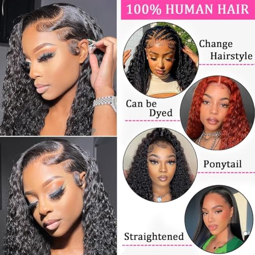 30 Inch Water Wave Lace Front Wigs Human Hair 13x6 HD Full Lace Frontal Wigs 200 Density Pre Plucked Wet and Wavy Glueless Deep Curly Human Hair Wigs for Black Women Natural Black