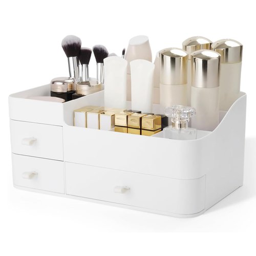 BTremary Makeup Organizer for Vanity, Large Capacity Desk Organizer with Drawers for Cosmetics, Lipsticks, Jewelry, Nail Care, Skincare, Ideal for Bedroom and Bathroom Countertops