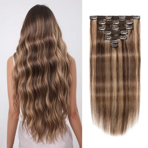 Clip in Hair Extensions Real Human Hair 20 inch, 8Pcs/120g Human Hair Clip in Extensions, Seamless Clip in Hair Extensions Human Hair #4/27 Medium Brown/Dark Blonde, 20 Inch