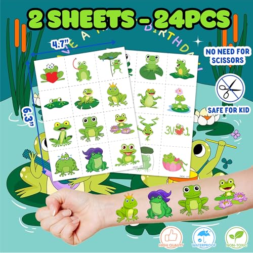 36PCS Frog Party Favors - 24PCS Pre-Cut Temporary Tattoos & 12PCS Stamps - Ideal Animal Frog Princess Themed Birthday Card Decorations Supplies Goodie Bag Cute Rewards for Boys Girls Classroom Gifts