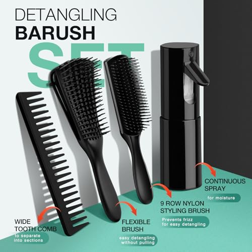 Hommtina 4pcs Detangling Brush Set Getting Shine and Makes Hair Smooth, Curly Hair Brush for Adult & Kids Wet or Dry Hair (3 PCS, Black+Black)