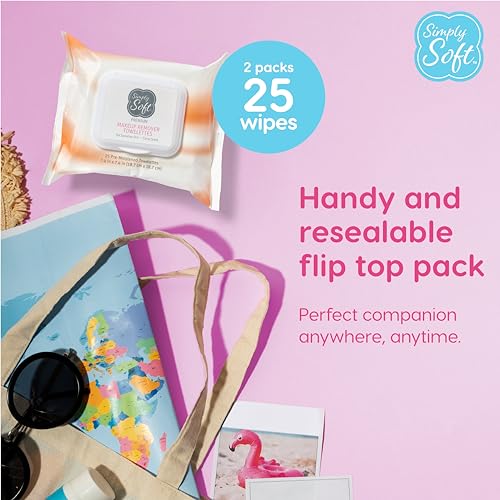 Simply Soft Premium Makeup Remover Towelettes 50 Wipes (2 packs of 25 wipes), Citrus Scent Makeup Wipes, Hypoallergenic & pH Balanced Sensitive Skin Cleansing Face Wipes, Non-greasy