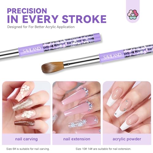 SAVILAND Kolinsky Acrylic Nail Brush Set: Size 6,10,14 Professional Manicure Brushes with Cleaner Tool & Purple Handle for Acrylic Powder,Nail Extensions & 3D Carving - Salon & DIY Nail Art Essentials