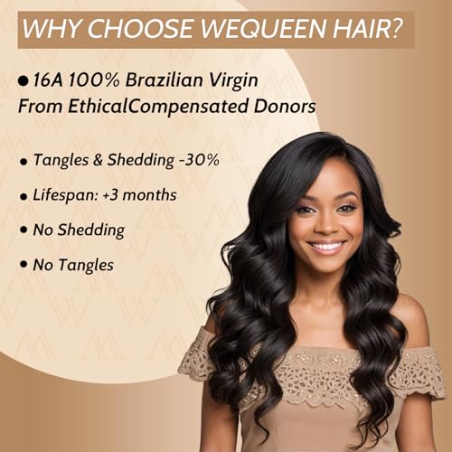 Wequeen 16A Body Wave Human Hair Bundles 20 22 24 Inch 100% Unprocessed Brazilian Virgin Hair Quick Weave Bundles Human Hair Extensions Real Human Hair, Natural Black