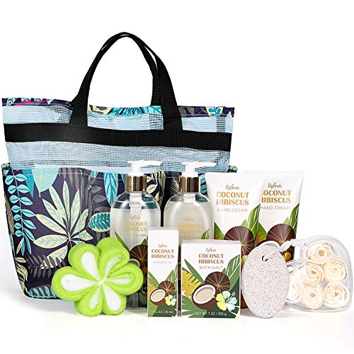 Bath and Body Set, Spa Gifts for Women, 10Pc Coconut Pamper gift Kit for Mum, Includes Bath Salt, Massage Oil, Bubble bath, Body Lotion, Tote Beach Bag, Valentines Eid Beauty Birthday Gift for her