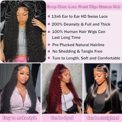 Deep Wave Lace Front Wig Human Hair 13x6 HD Lace Front Wigs Human Hair Pre Plucked 200 Density Deep Curly Human Hair Wigs with Baby Hair 20 Inch