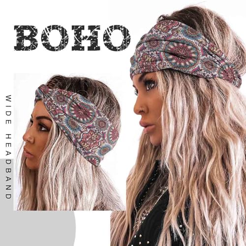 Acenail Wide Headbands Women Boho Turban Knotted Headband Floral Elastic Non Slip Hairband Workout Yoga Head Scarfs Bohemian Headwraps Fashion Hair Accessories for Women 4Pcs (Stylish)