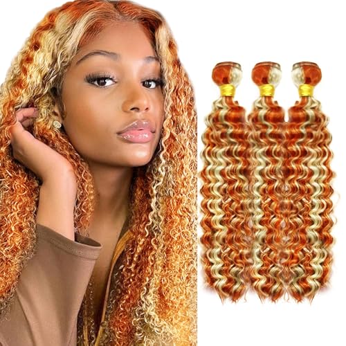 16 18 20 Inch Ginger Bundles Human Hair Deep Wave Bundle P350/613 Highlight Blonde 3 Bundles 300g/Pack Unprocessed Brazilian Virgin Hairs Double Weft Weaves Hair Extensions