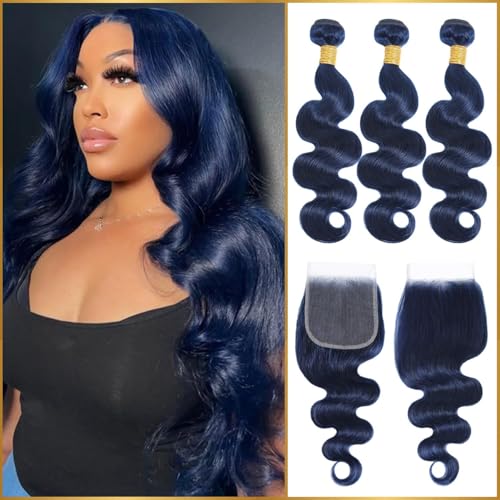 Dark Blue Body Wave 4x4 HD Transparent Lace Closure with Bundles, 12A 100% Brazilian Virgin Hair, Soft Glossy Thick, Perfect for Quick Weave Sew-In Styles 16 18 20 Inch + 4x4 Closure 16 Inch