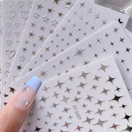 NOOEPC 7 Sheets Metallic Mirror Silver Nail Stickers Art Women 3D Star Nail Stickers Decals for Self-Adhesive CharmsY2k Butterfly Nail Art Stickers
